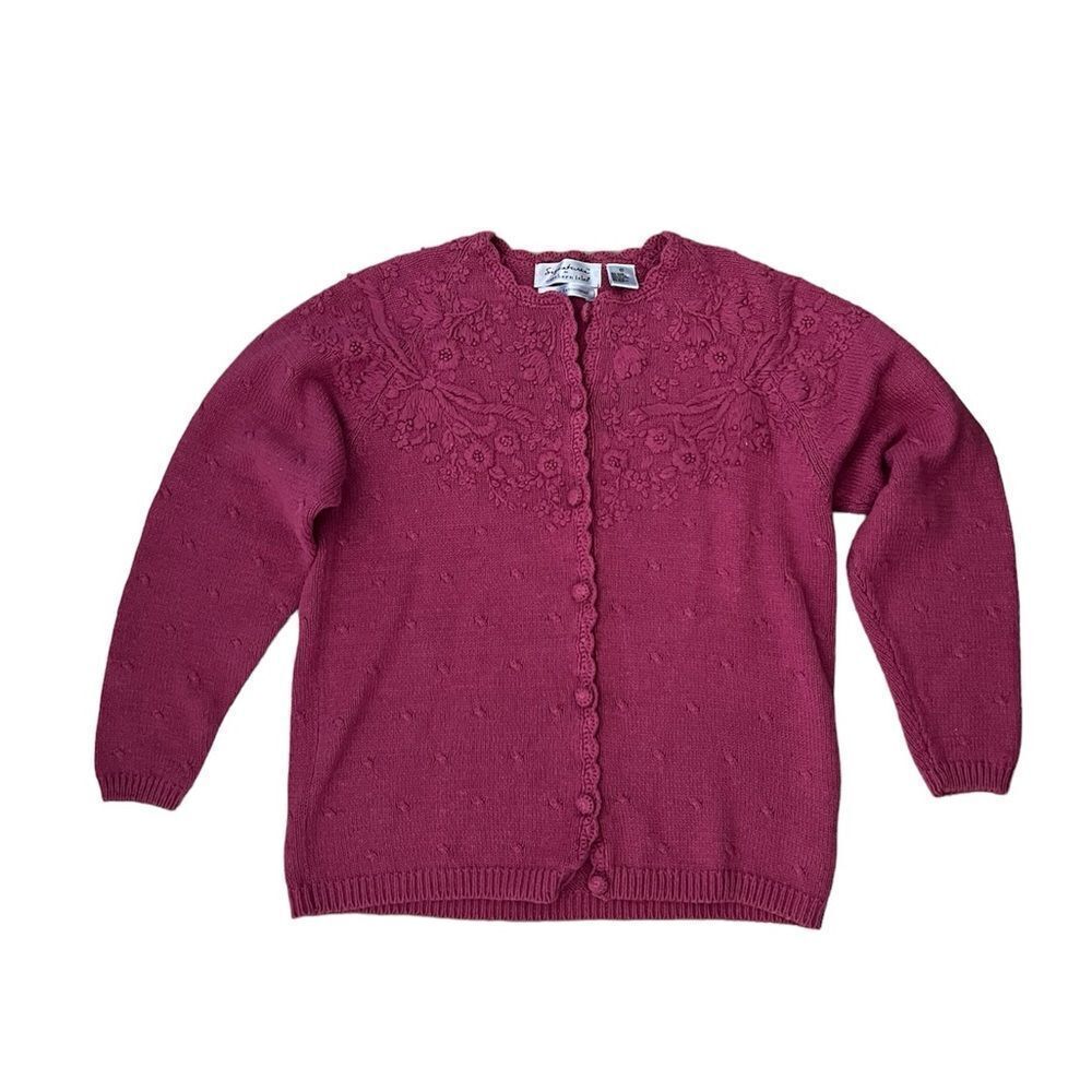 Vintage 90’s Hand Knitted North Isle Cardigan Sweater Floral Pink Size M